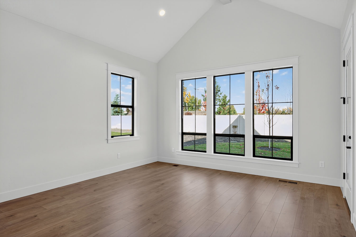 Bright bonus room with vaulted ceiling, hardwood floors, large black-framed grid windows, and natural light