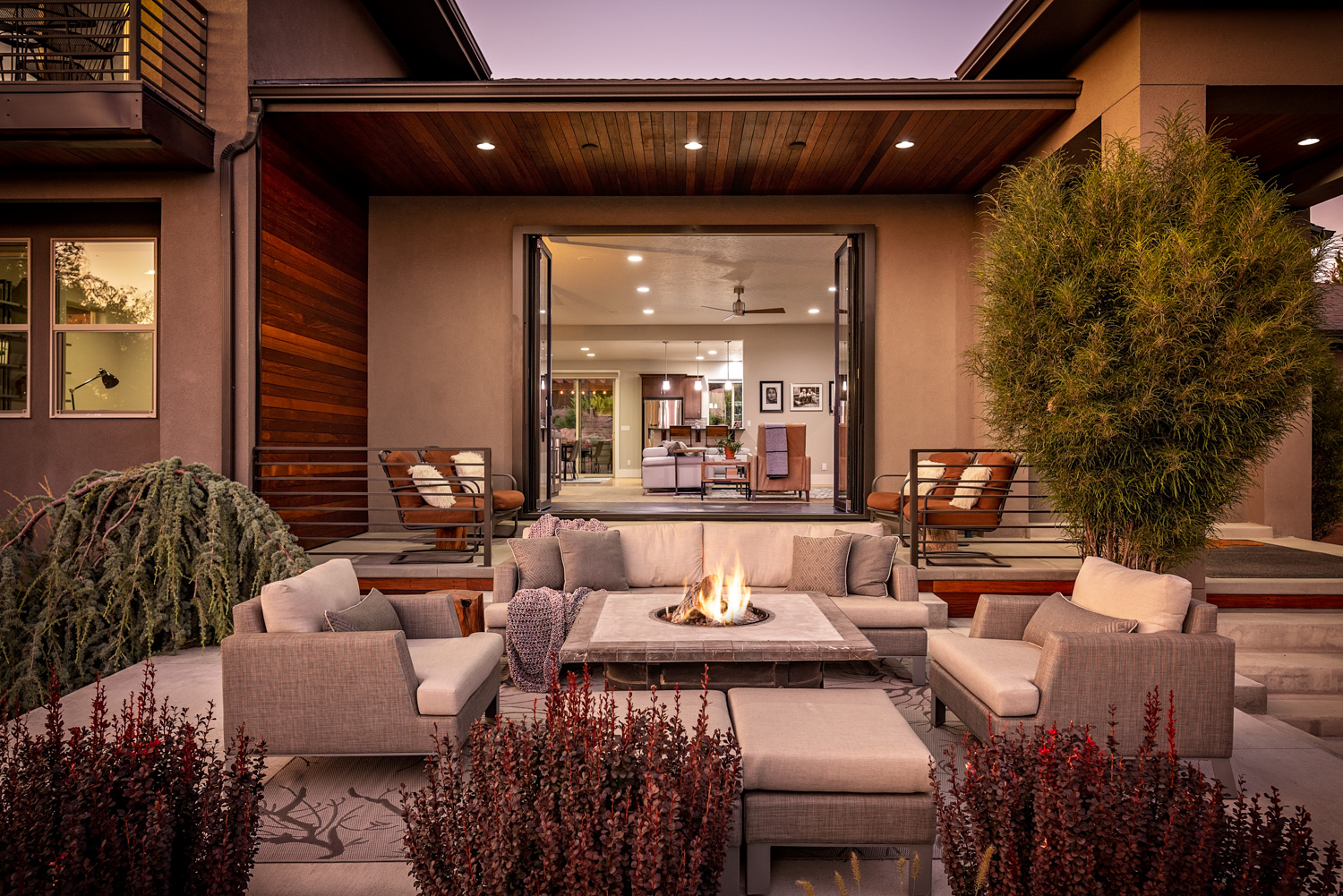 Luxury living room with modern furniture and large windows in Boise Idaho home