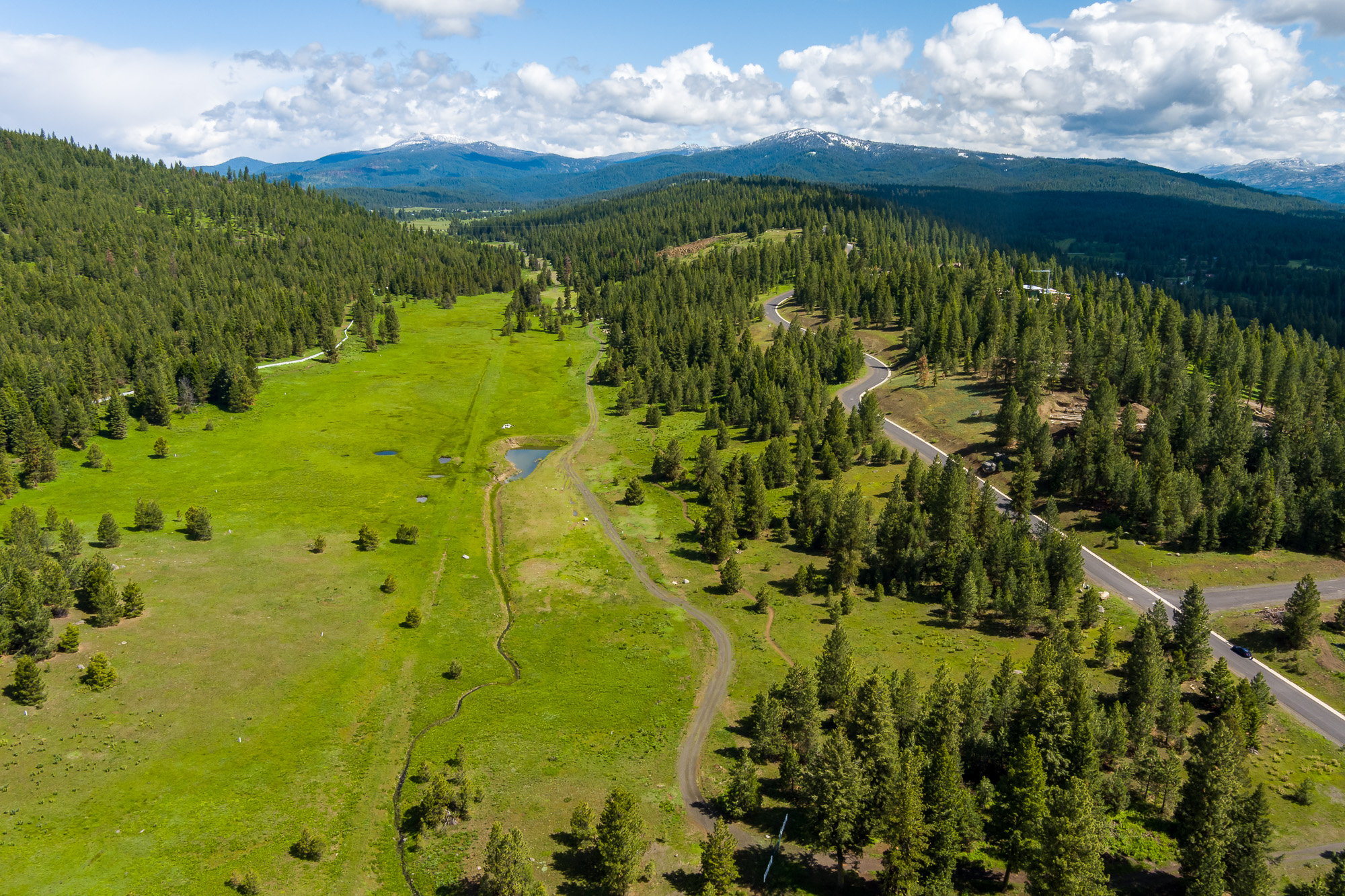 Aerial view of expansive green mountain acreage with pond and pine forest in Idaho