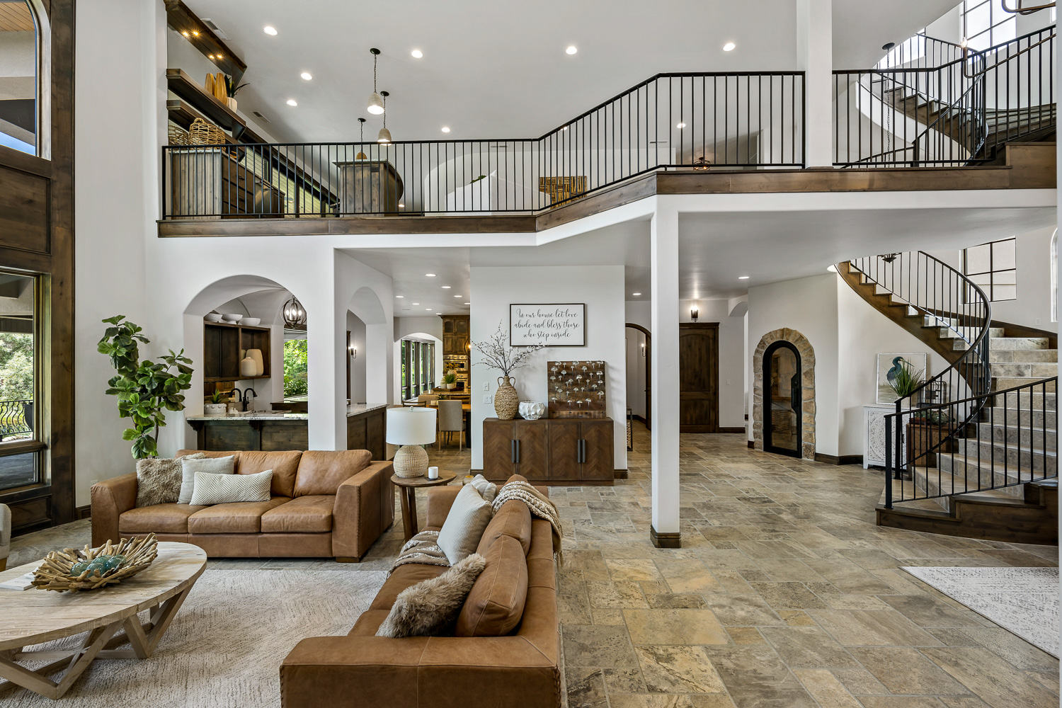 Bright modern bathroom with double vanity and french doors in Meridian Idaho home