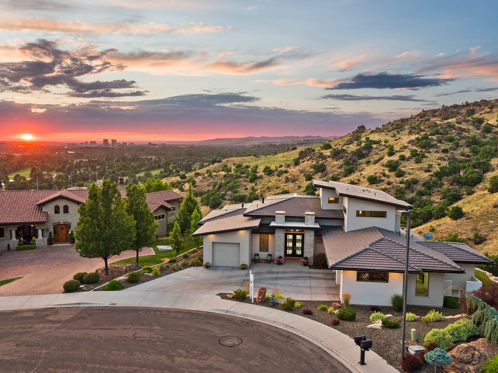 Dramatic sunset aerial drone photo over Boise Idaho foothills landscape