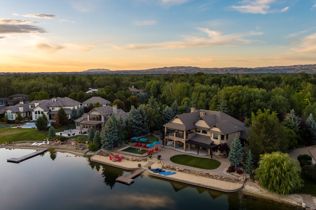 Aerial twilight view of modern contemporary hillside home in Boise Idaho