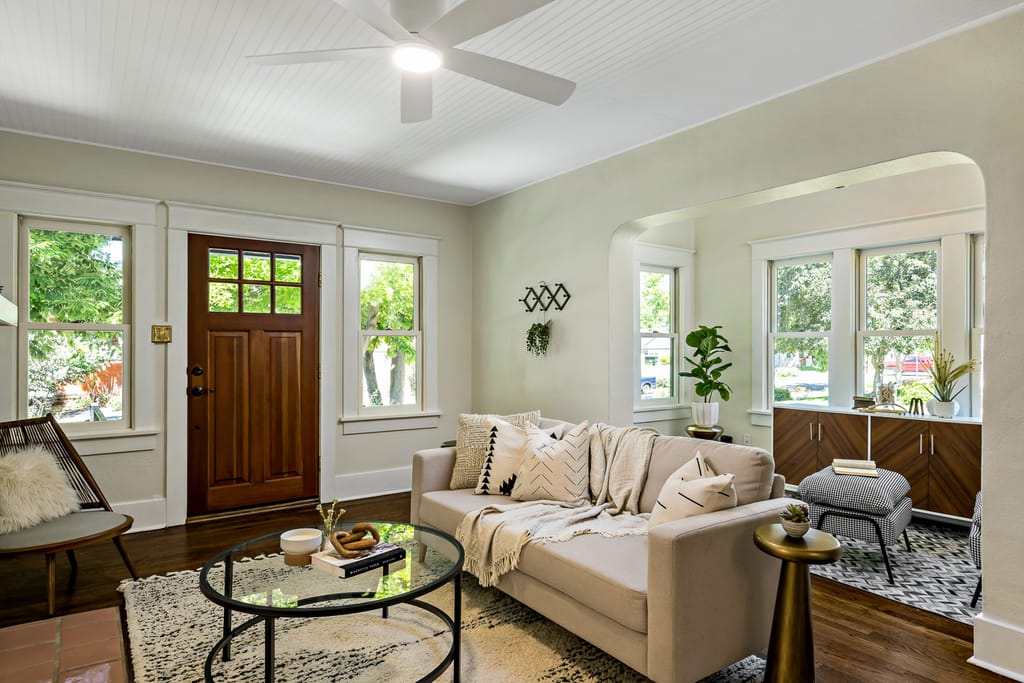 Hardwood floor entryway and living room of charming Boise Idaho home