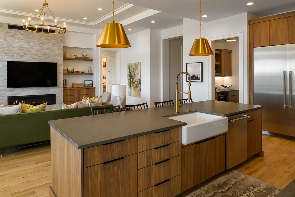 Modern home exterior with wood and stone accents at dusk in Eagle Idaho