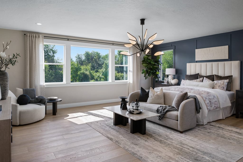 Cozy living room with sectional sofa and warm lighting in Boise Idaho listing